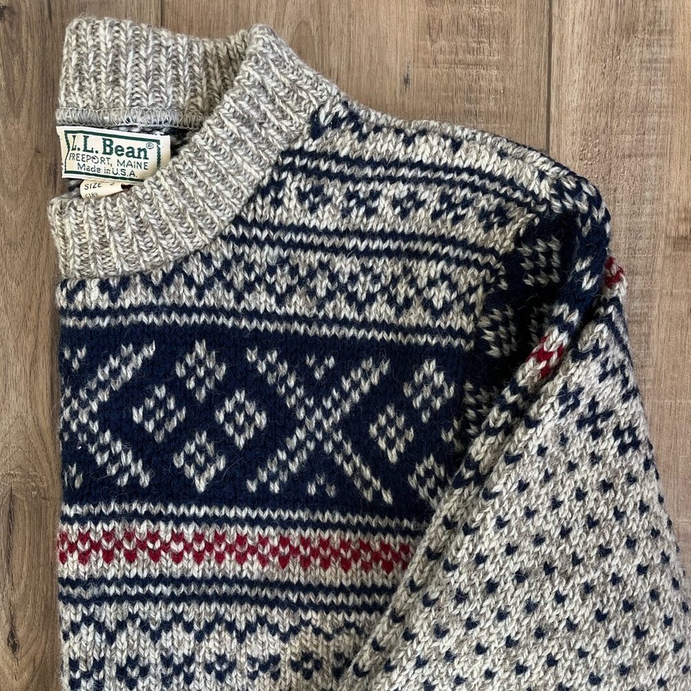L.L. Bean Women's Nordic Crewneck Sweater in Navy, Cream & Red